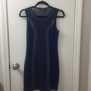 Blue bodycon with sequins and sheer back.